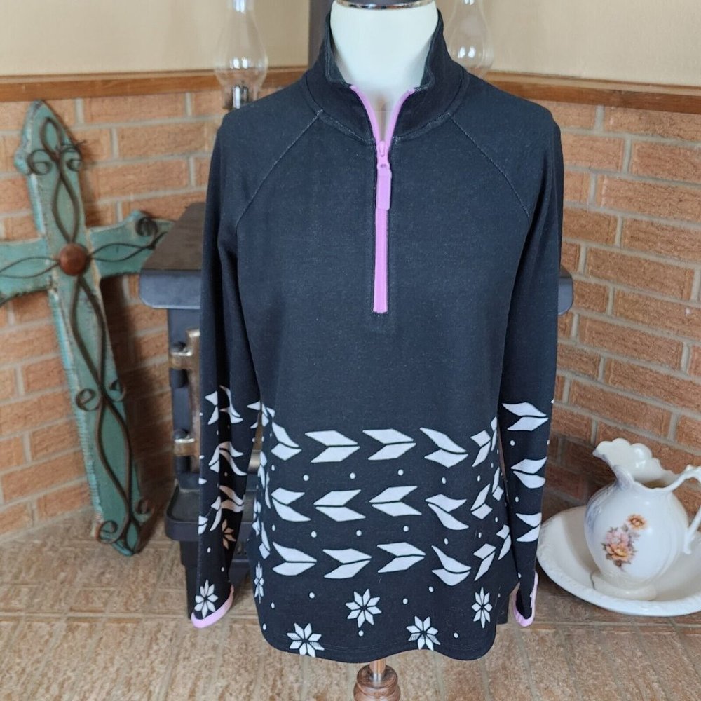T by Talbots 1/4 Zip Pullover Sweater Black and Pink Size M